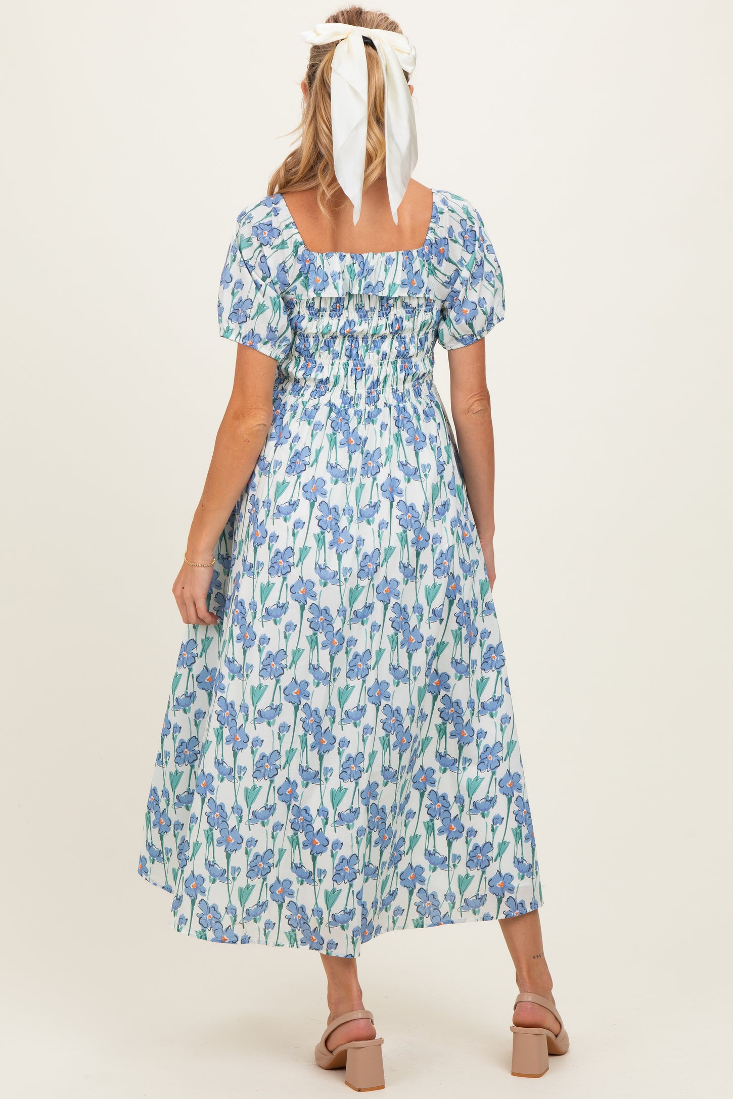 Blue Floral Smocked Ruffle Accent Maternity Midi Dress