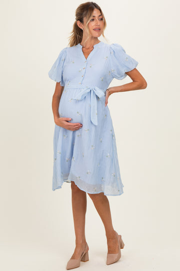 Blue Floral Embroidered Tie Waist Maternity Dress