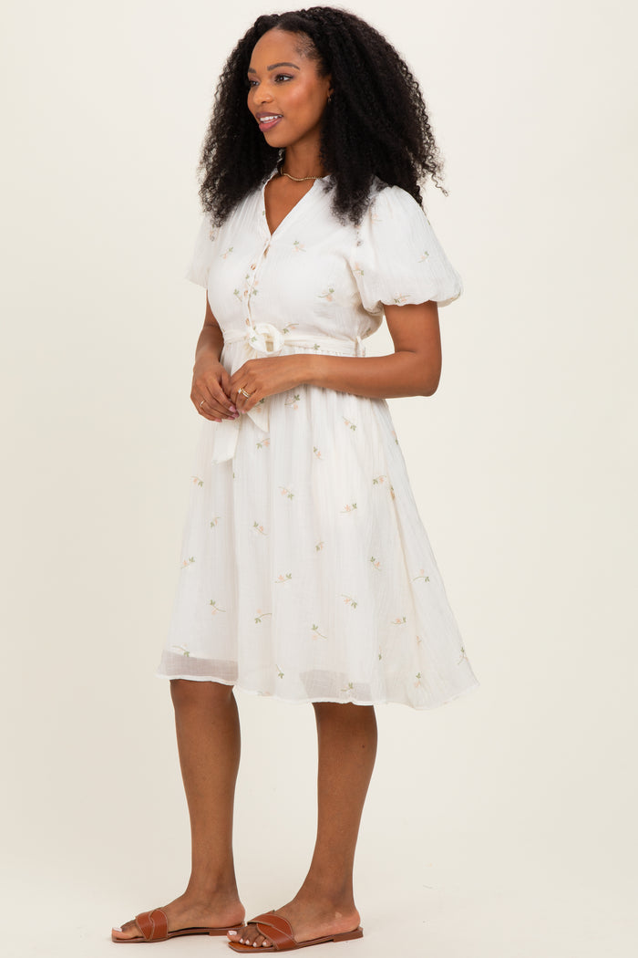 Cream Floral Embroidered Tie Waist Dress