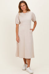 Beige Puff Sleeve Maternity Midi Dress