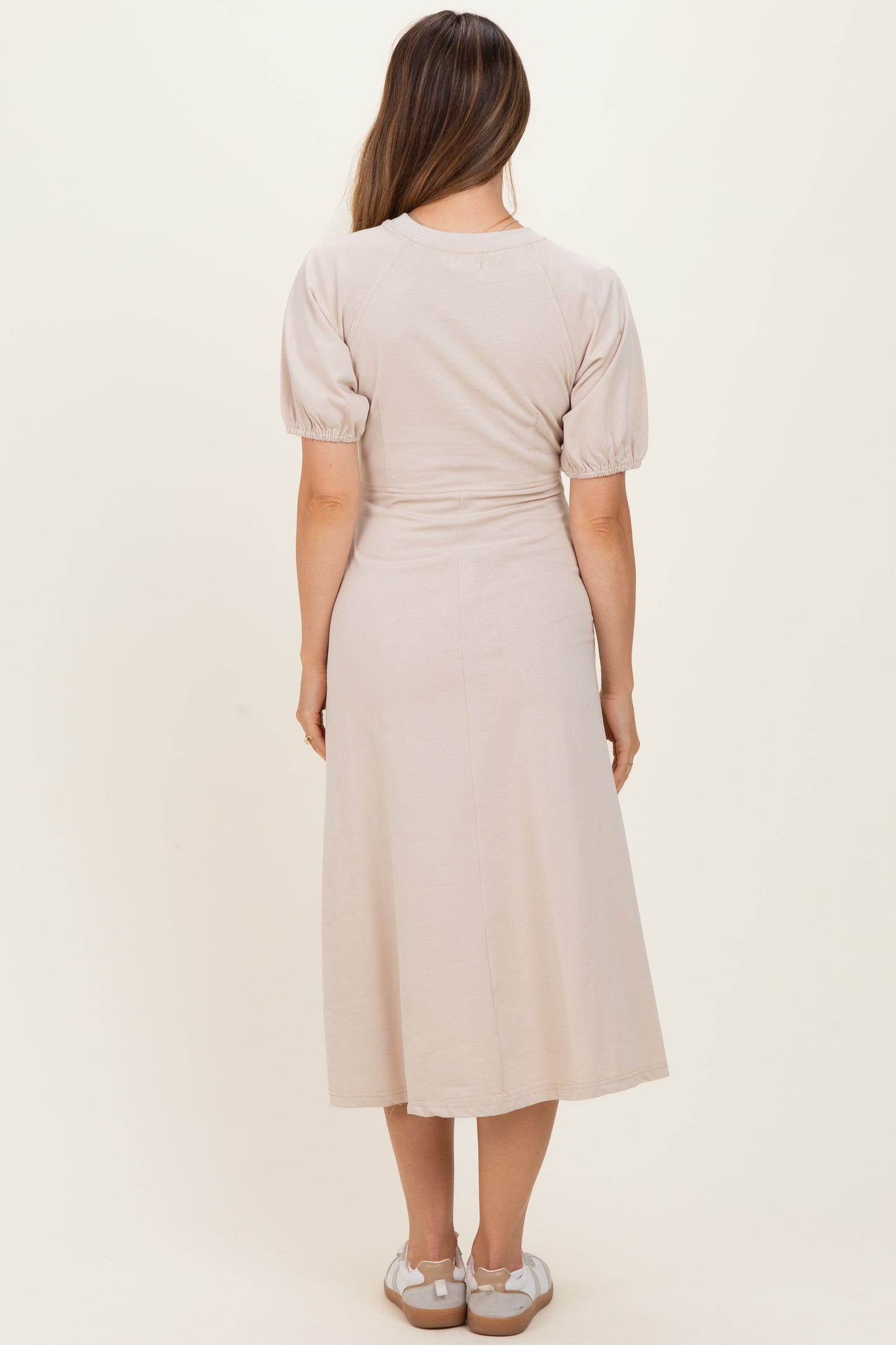 Beige Puff Sleeve Maternity Midi Dress