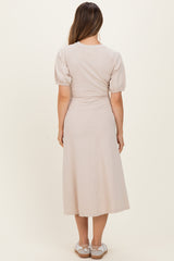 Beige Puff Sleeve Maternity Midi Dress
