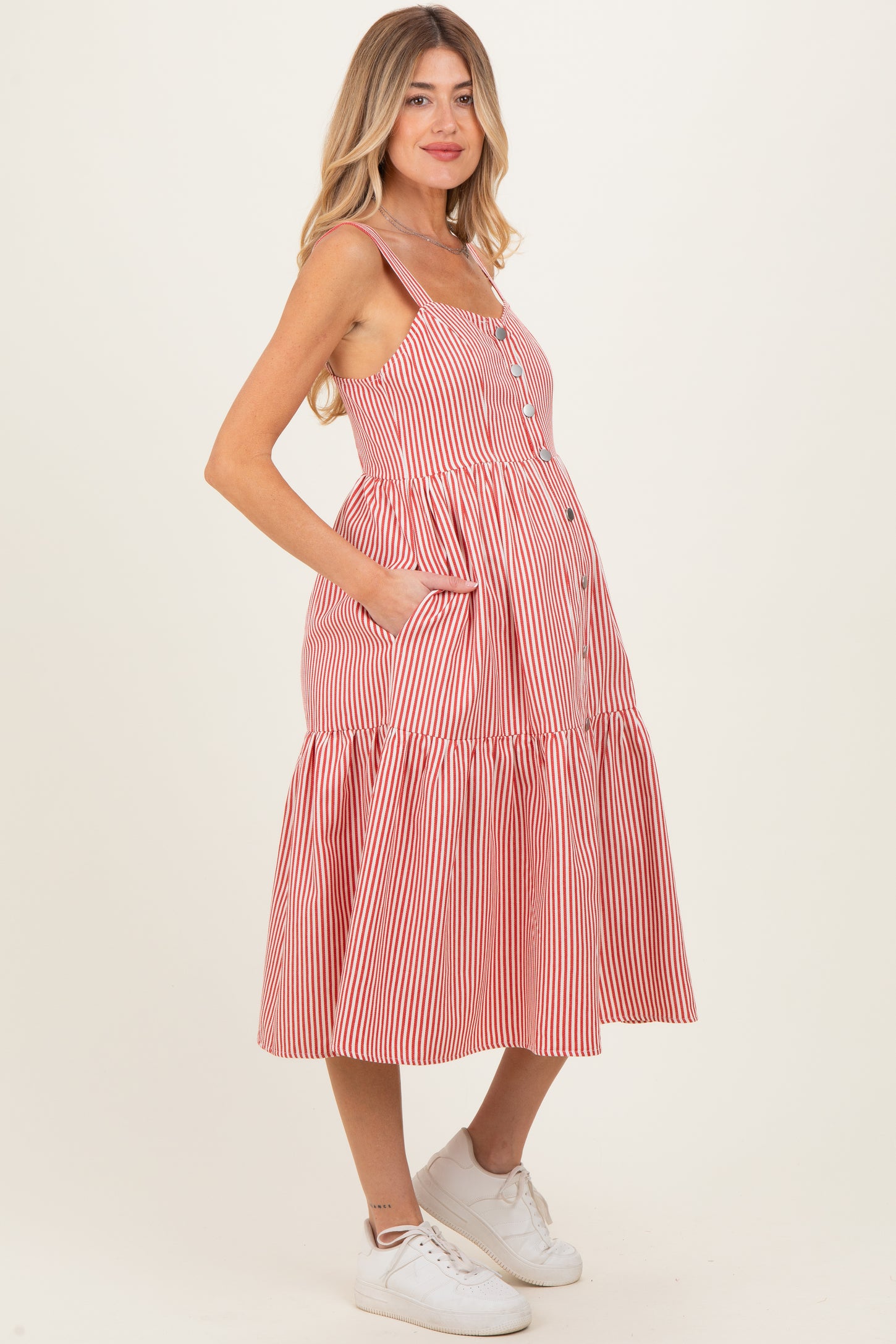 Red Striped Tiered Maternity Overall Dress