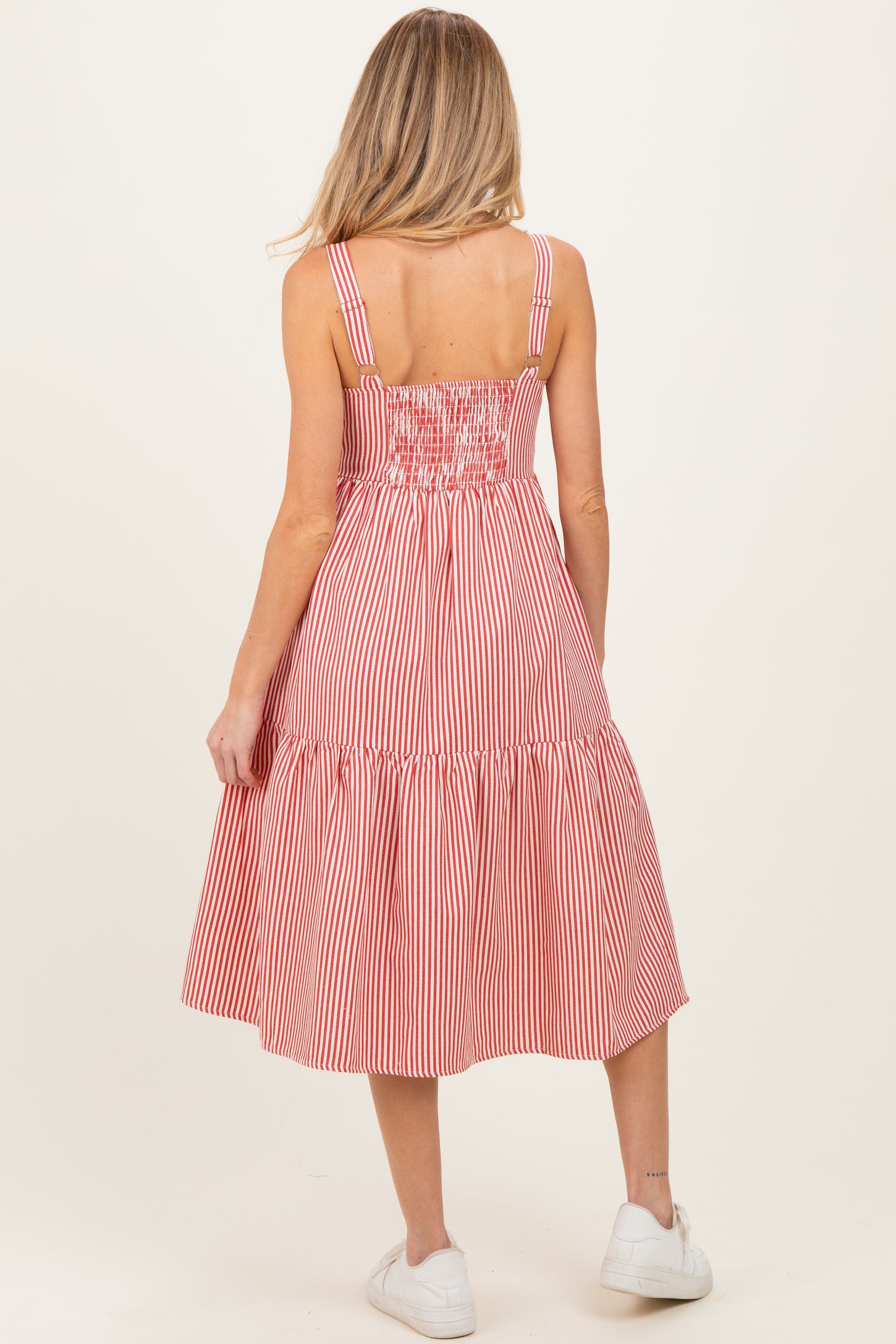 Red Striped Tiered Maternity Overall Dress