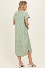 Sage Striped Button Detail Midi Dress