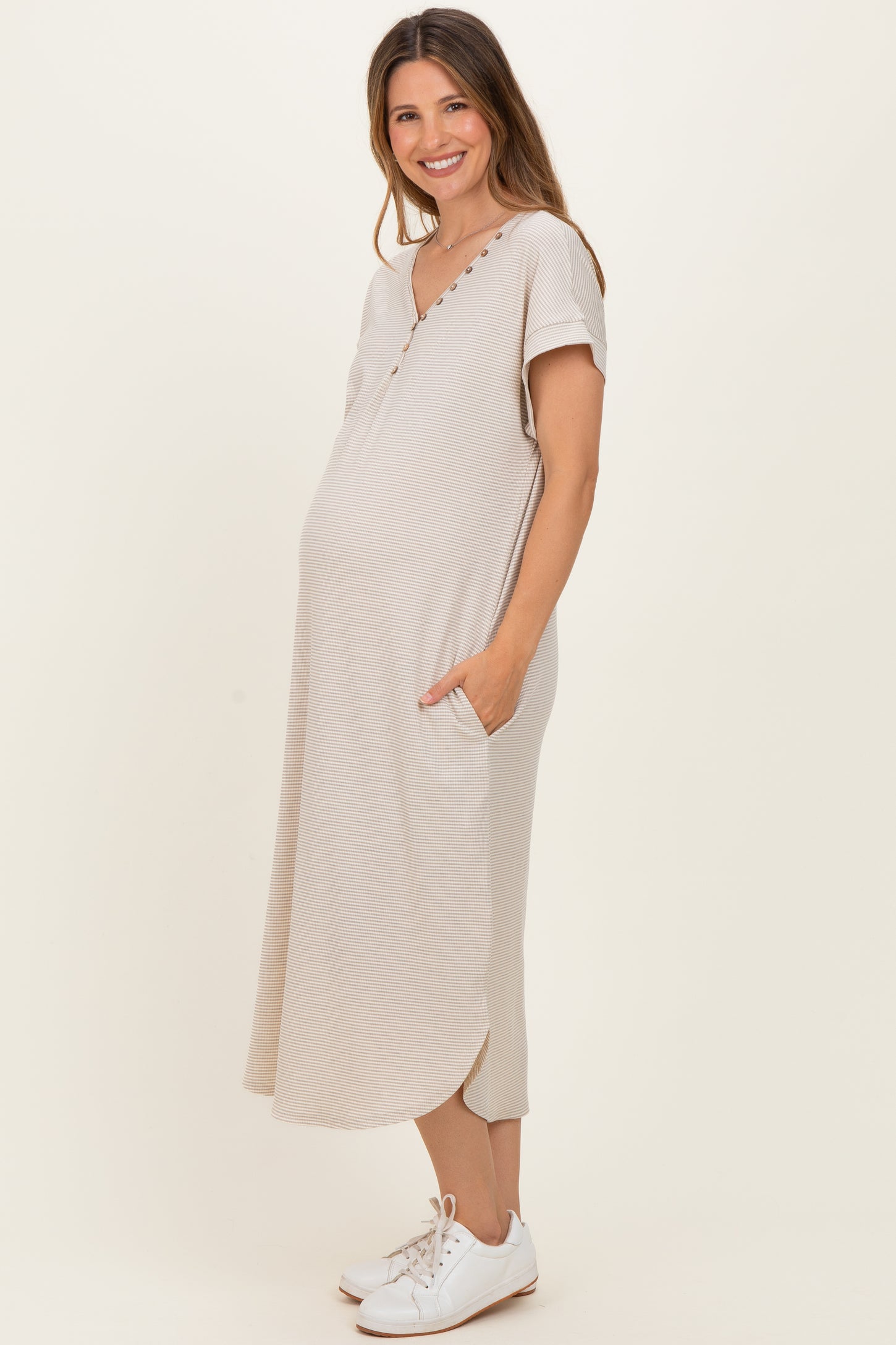 Grey Striped Button Detail Maternity Midi Dress