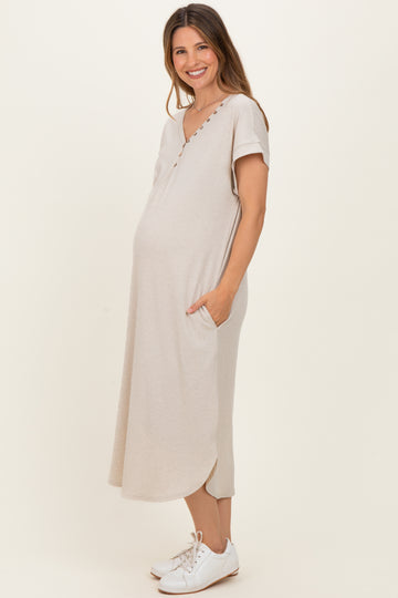 Grey Striped Button Detail Maternity Midi Dress