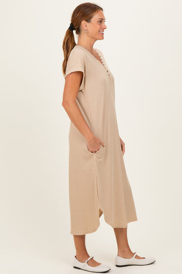 Camel Striped Button Detail Midi Dress