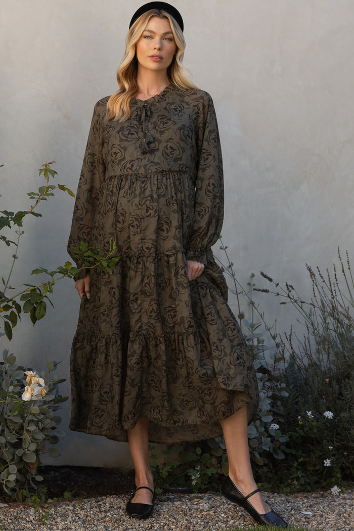 Olive Rose Floral Tiered Ruffle Maternity Midi Dress