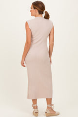 Sand Ribbed Knit Mock Neck Maxi Dress