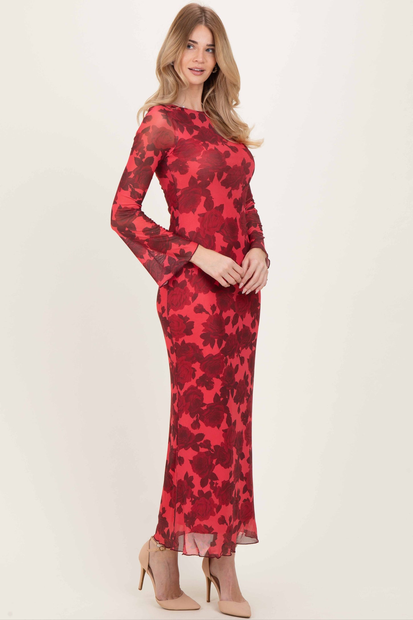 Red Floral Bell Sleeve Maxi Dress