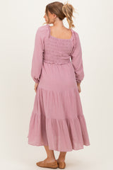 Dusty Rose Smocked Long Sleeve Maternity Midi Dress