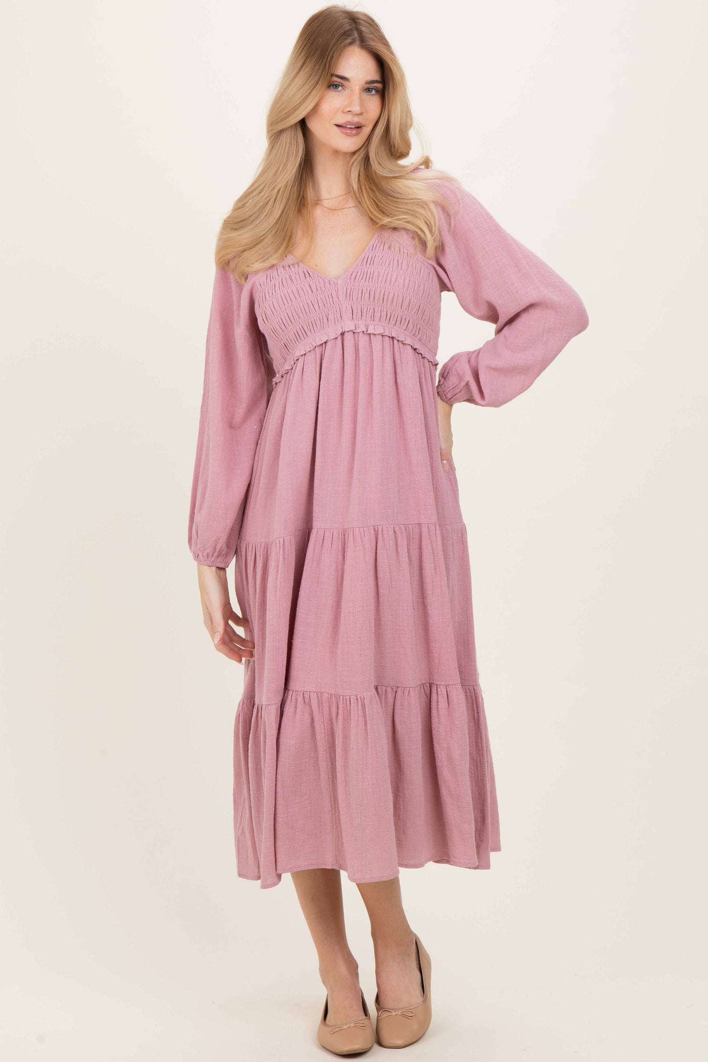 Dusty Rose Smocked Long Sleeve Maternity Midi Dress
