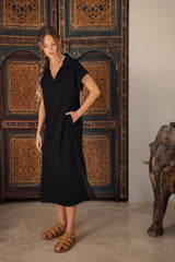 Black Collared Oversized Maternity Midi Dress