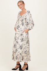 Cream Floral Smocked Long Sleeve Maternity Maxi Dress