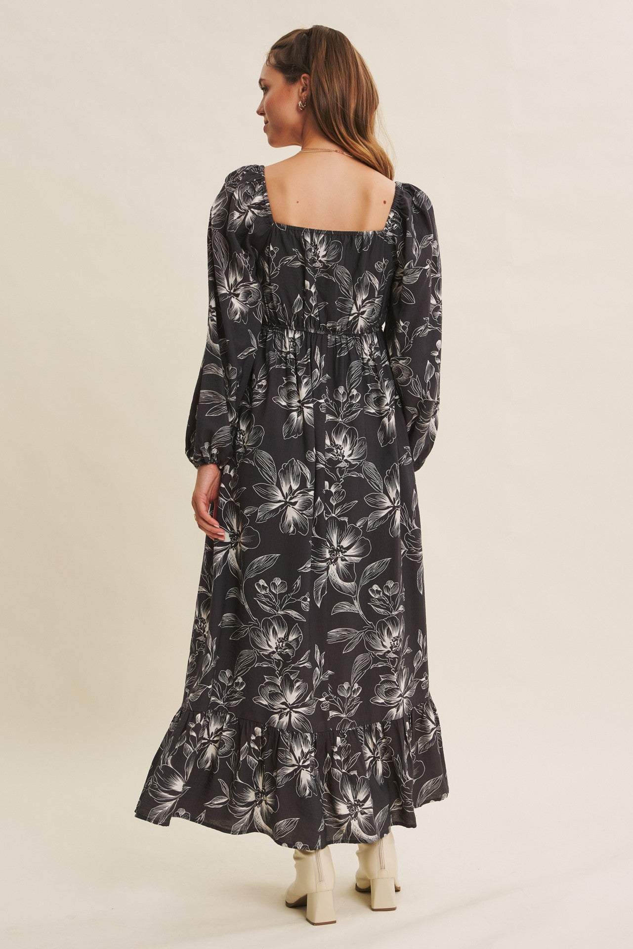 Charcoal Floral Smocked Long Sleeve Maxi Dress