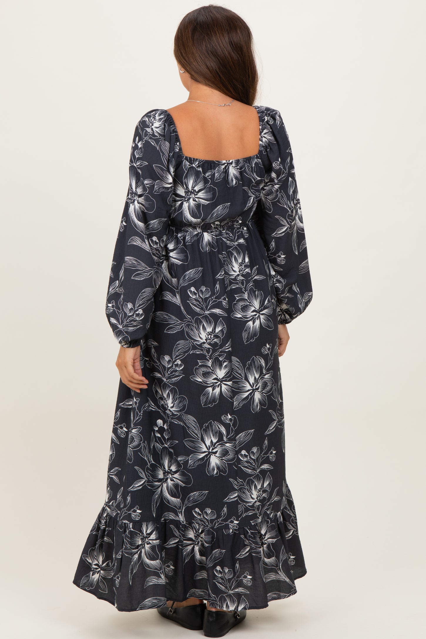 Charcoal Floral Smocked Long Sleeve Maternity Maxi Dress