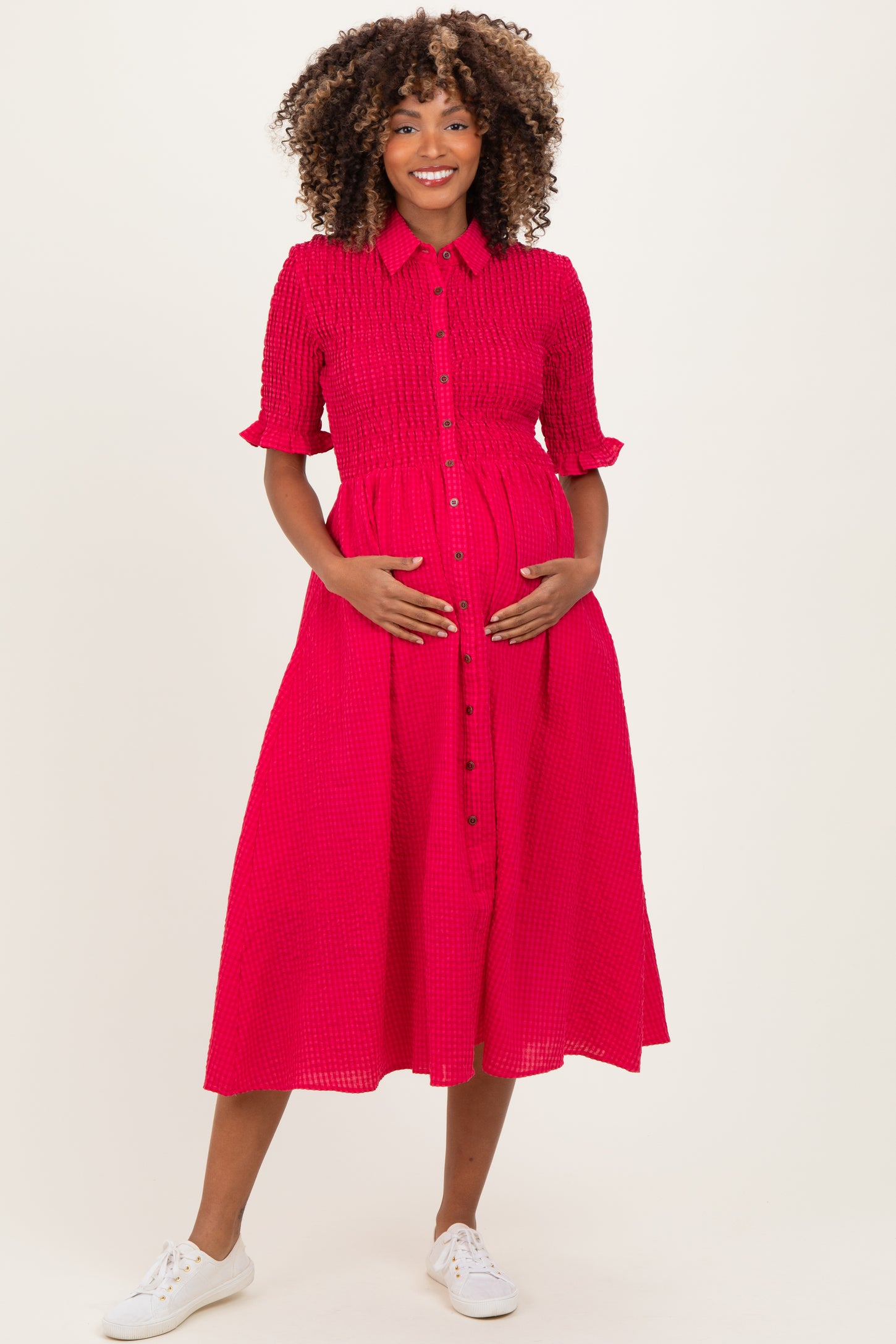 Red Gingham Smocked Button Down Maternity Midi Dress