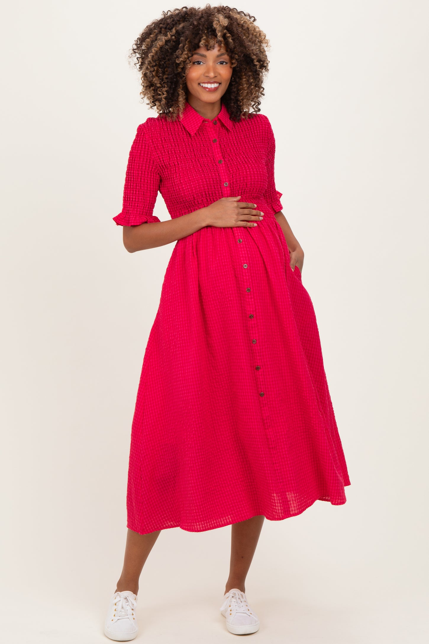 Red Gingham Smocked Button Down Maternity Midi Dress