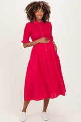 Red Gingham Smocked Button Down Maternity Midi Dress