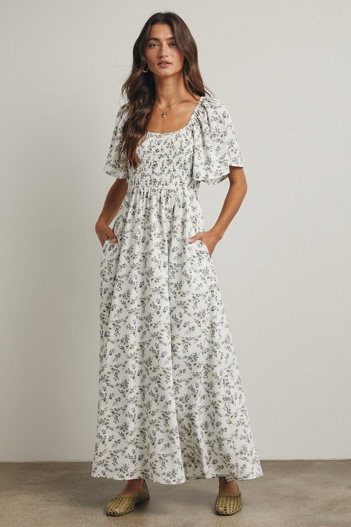 Off White Floral Smocked Flutter Sleeve Midi Dress