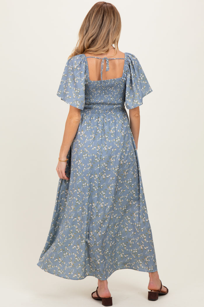 Grey Floral Smocked Flutter Sleeve Maternity Midi Dress