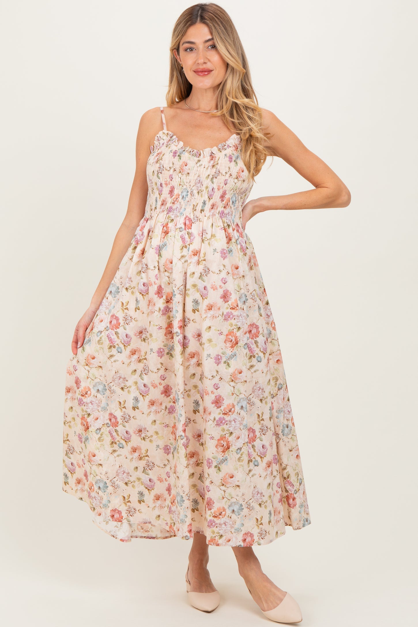 Cream Floral Smocked Ruffle Detail Maternity Midi Dress
