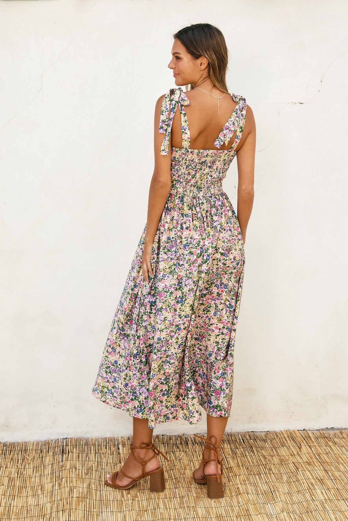 Pink Floral Smocked Shoulder Tie Midi Dress