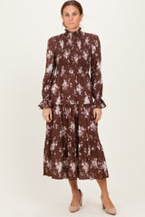 Brown Floral Smocked Ruffle Tier Maternity Midi Dress