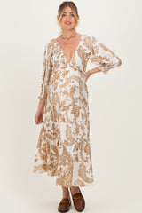 Mocha Damask Smocked Ruffle Tier Maternity Midi Dresses