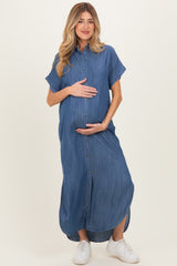 Blue Chambray Button Down Maternity Shirt Dress
