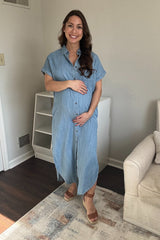 Light Blue Chambray Button Down Maternity Shirt Dress