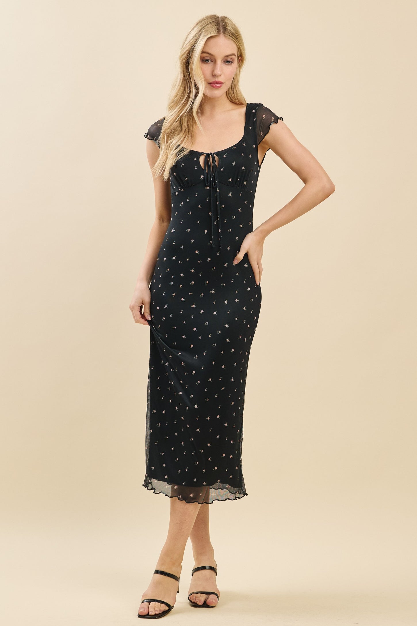 Black Floral Mesh Front Tie Cutout Midi Dress