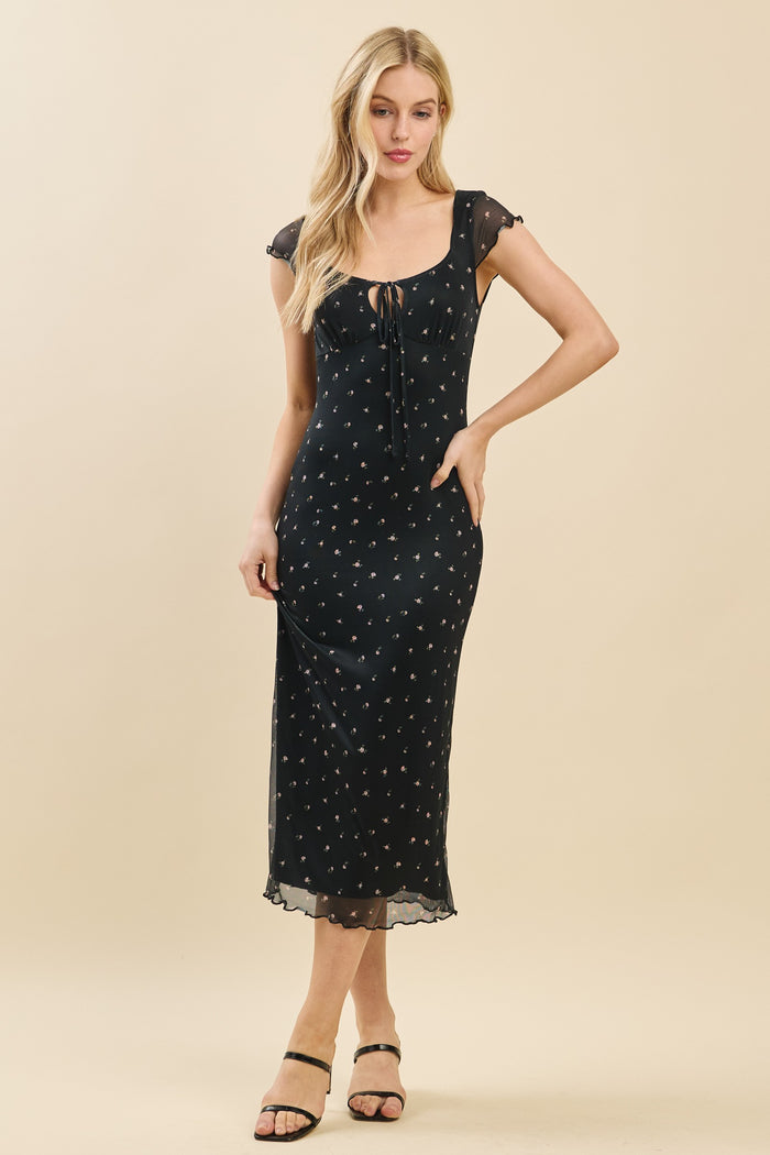 Black Floral Mesh Front Tie Cutout Maternity Midi Dress