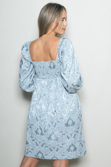 Light Blue Damask Jacquard Long Sleeve Dress