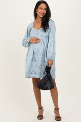 Light Blue Damask Jacquard Long Sleeve Maternity Dress