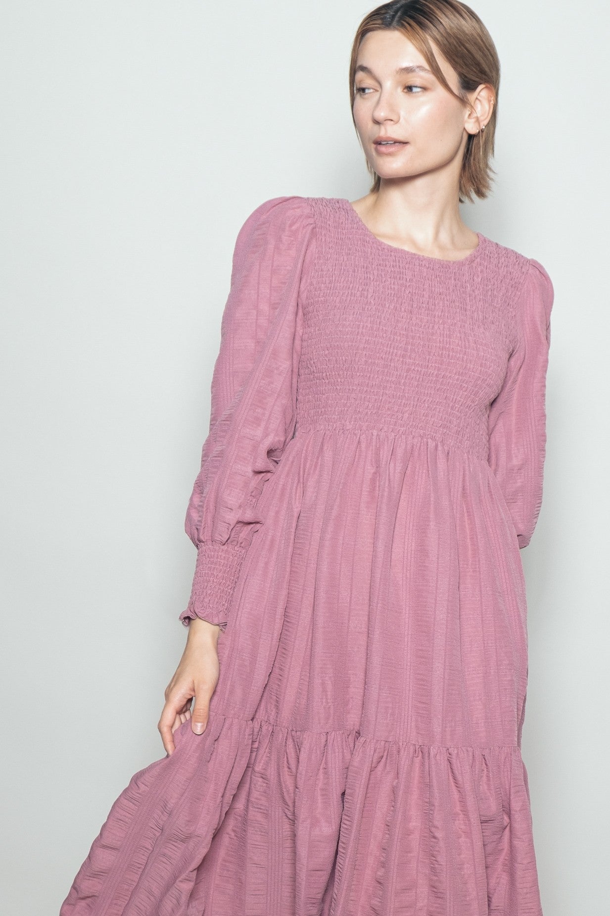 Mauve Textured Stripe Smocked Midi Dress