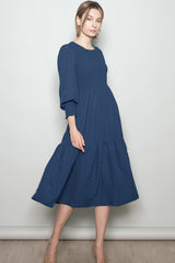Navy Textured Stripe Smocked Midi Dress