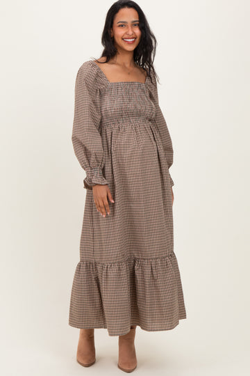 Chestnut Plaid Square Neck Long Sleeve Maternity Maxi Dress