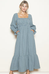 Dusty Blue Plaid Square Neck Long Sleeve Maxi Dress