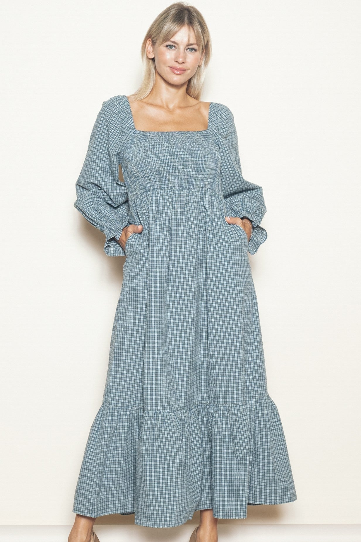 Dusty Blue Plaid Square Neck Long Sleeve Maternity Maxi Dress