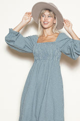 Dusty Blue Plaid Square Neck Long Sleeve Maxi Dress