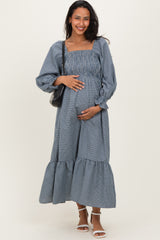 Dusty Blue Plaid Square Neck Long Sleeve Maternity Maxi Dress