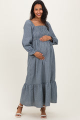Dusty Blue Plaid Square Neck Long Sleeve Maternity Maxi Dress