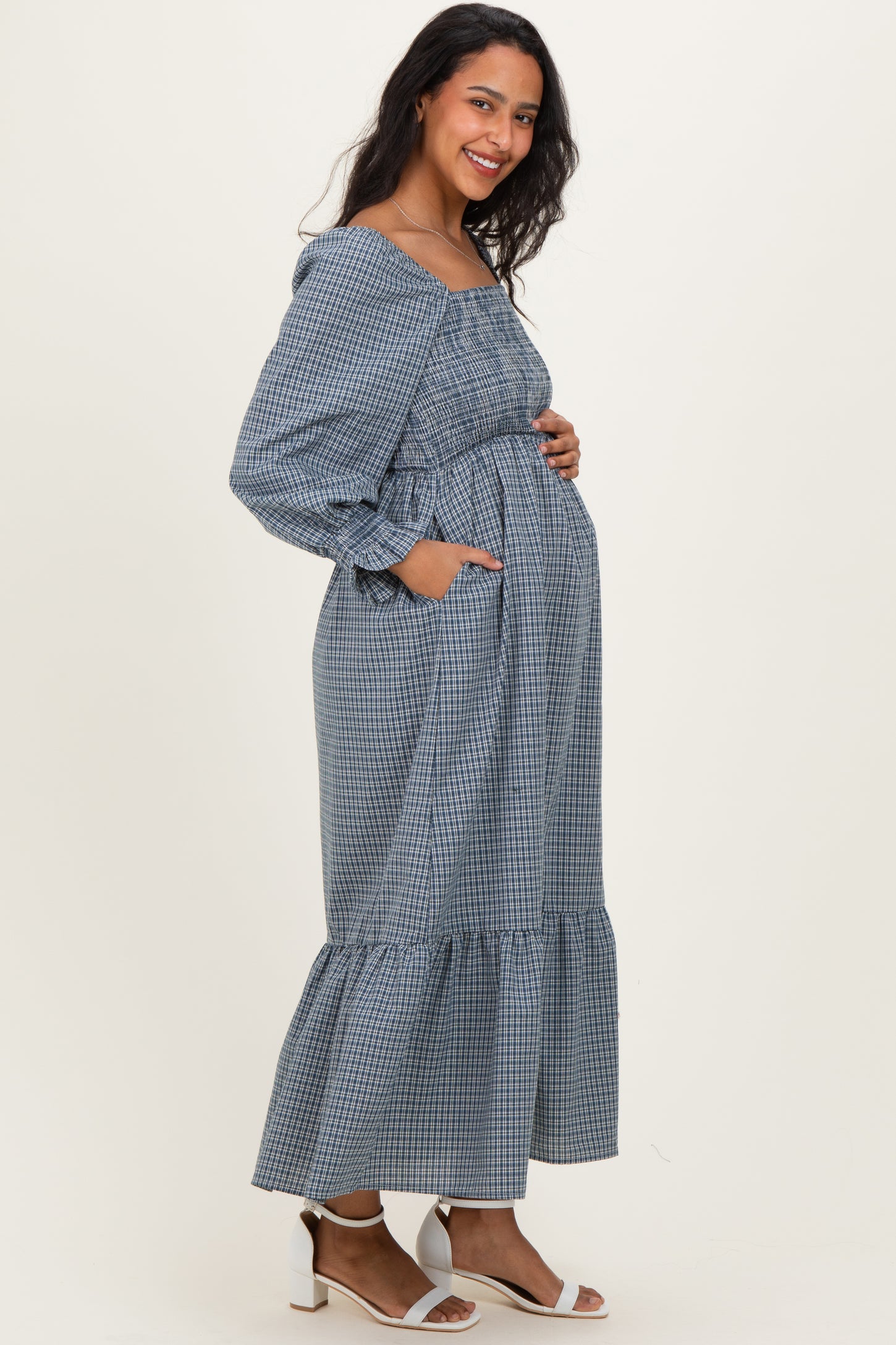 Dusty Blue Plaid Square Neck Long Sleeve Maternity Maxi Dress