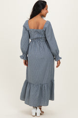 Dusty Blue Plaid Square Neck Long Sleeve Maternity Maxi Dress