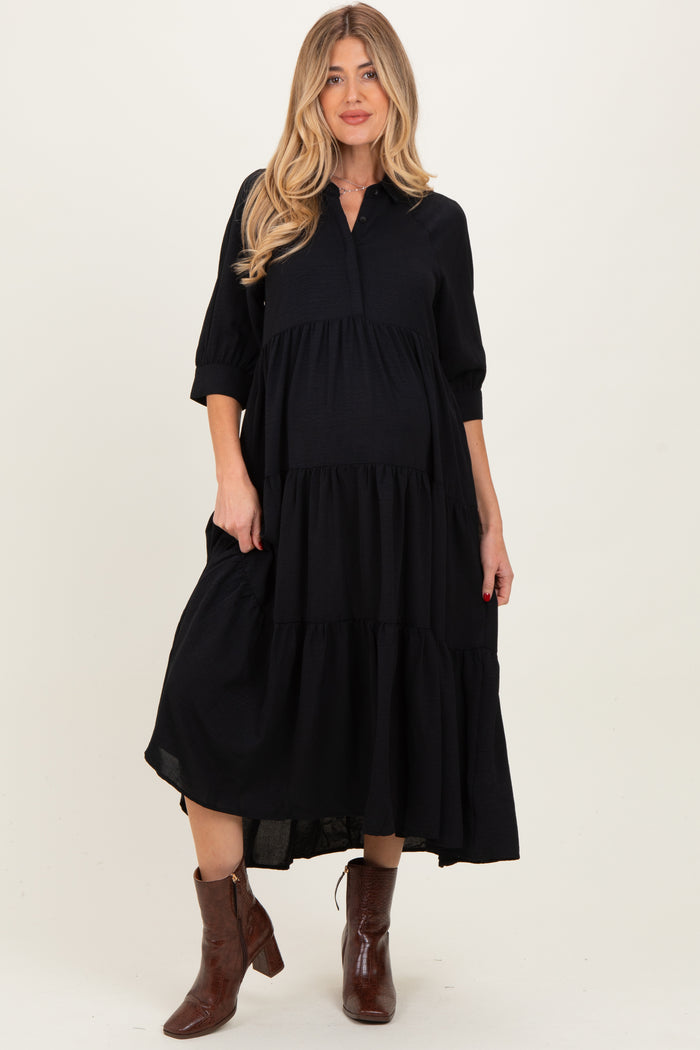 Black Collared Button Up Tiered Maternity Midi Dress