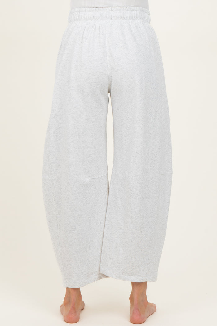 maternity wear gray wide-leg pants with elastic waistband, shown from the back
