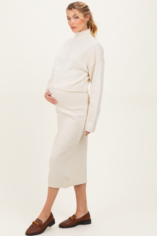 Cream Waffle Knit High Neck Sweater Skirt Maternity Set