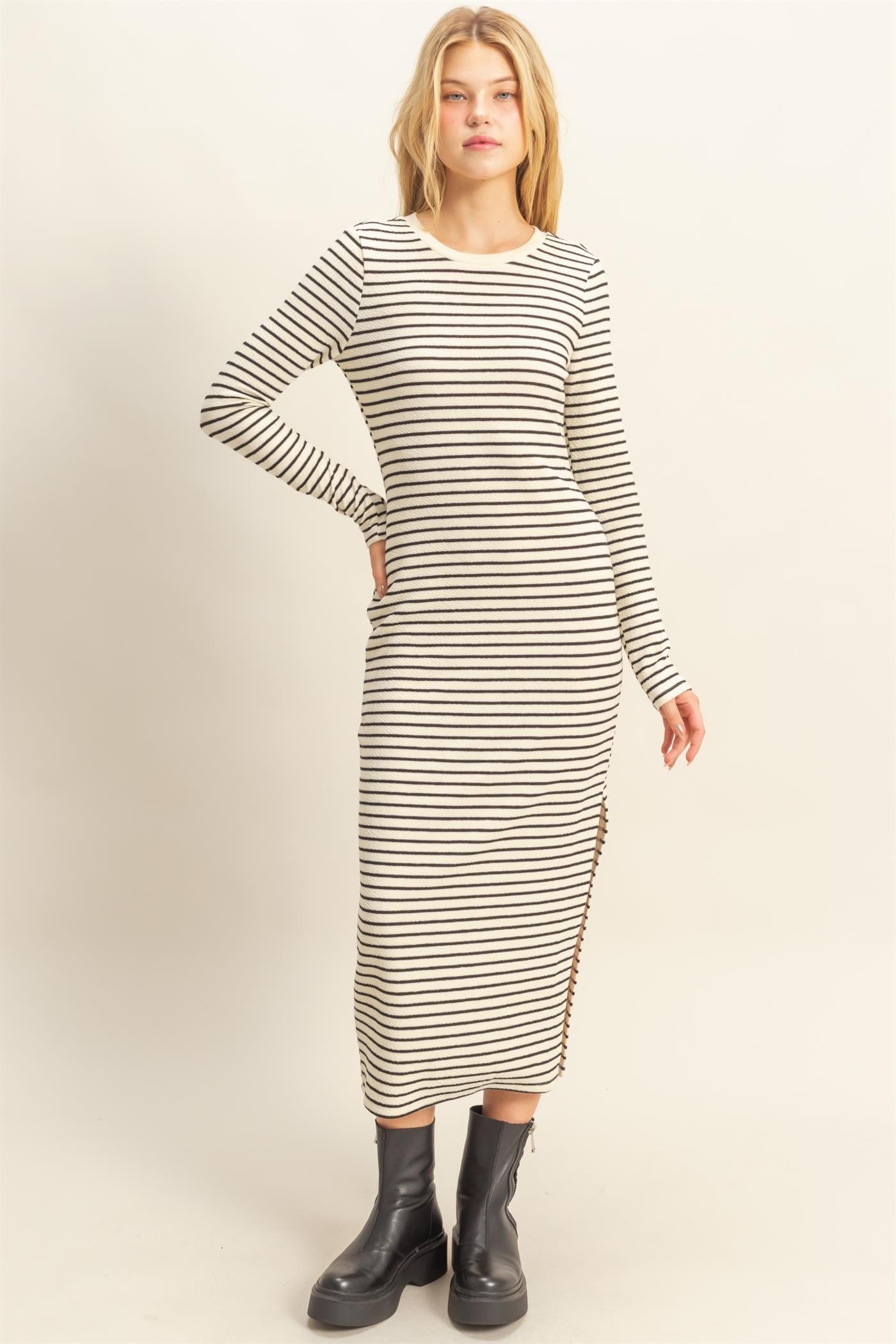 Cream Striped Long Sleeve Maternity Midi Dress